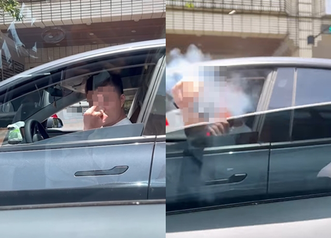 开特斯拉林男因「父亲过世」赶回花莲，在宜兰与其他车友爆发充电纠纷，比中指，拿BB枪狂射对方车内。（翻摄自爆废公社）
