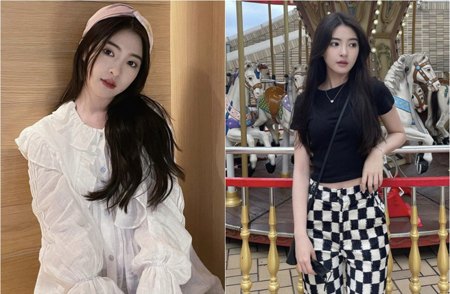 余皓然與王中平愛女韓菲，用有校花級美麗外型。(取材自hahahanfi_0120 IG) 