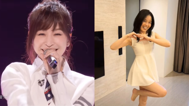 50岁吕文婉(右)模仿歌手王心凌跳《爱你》。(图.湖南卫视 Youtube、吕文婉 FB)