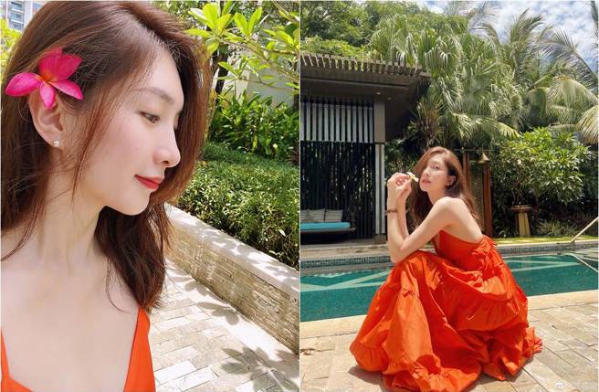 江疏影穿搭散發渡假氛圍。（圖／取材自江疏影微博）
