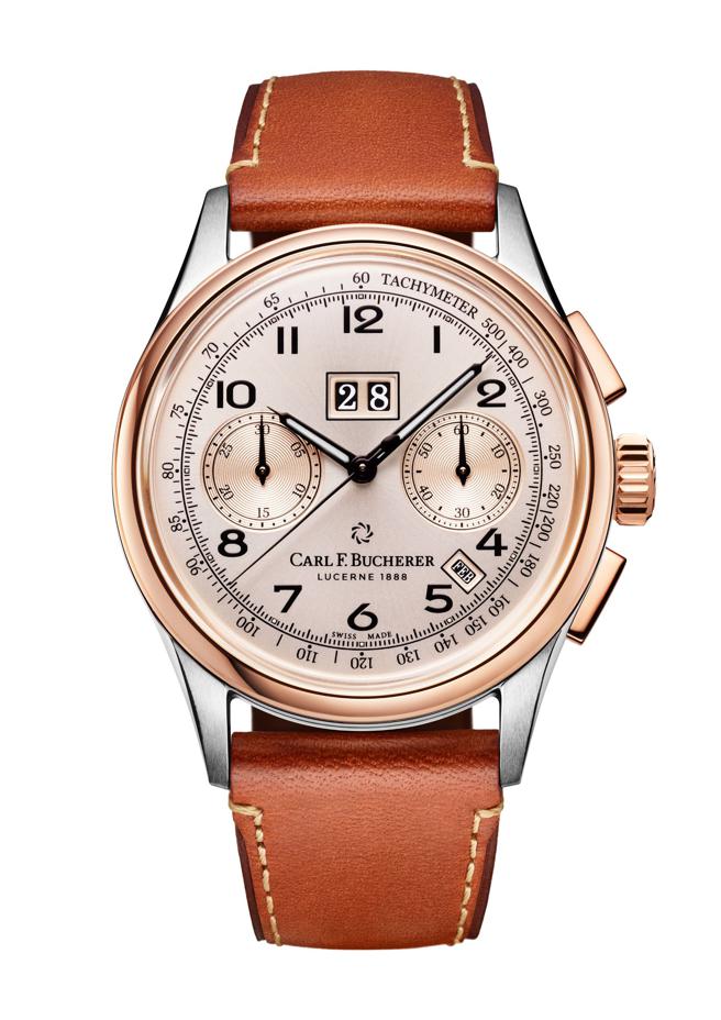 宝齐莱传承系列年历双盘计时码表，CFB 1972自动上炼计时机芯，精钢玫瑰金表壳，限量888只，35万5000元。（Carl F. Bucherer提供）