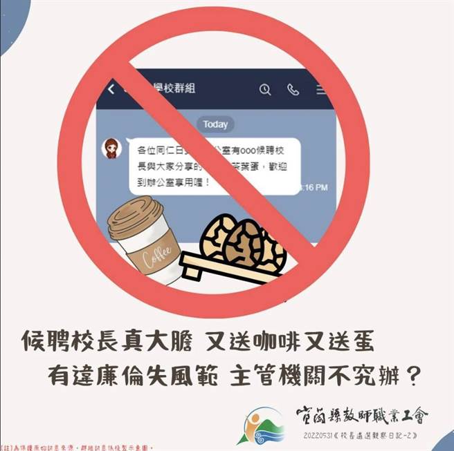 宜蘭縣國中小學校長遴選，將在6月11日進行最後階段新任校長的遴選；日前卻發生有候聘校長到校拜訪時，竟送咖啡與茶葉蛋給全校教職同仁分享，變相「類賄選」。（翻攝網路／吳佩蓉宜蘭傳真）