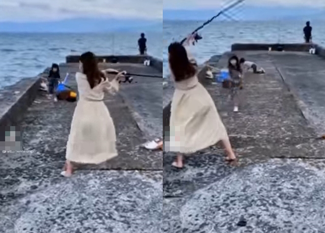 人妻海边钓鱼用力甩竿，下秒竟连钓竿一抛出去，网友笑翻「几万元飞了」。（翻摄自脸书爆废公社）