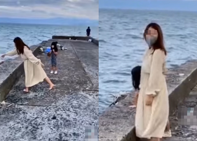 人妻海边钓鱼用力甩竿，下秒竟连钓竿一抛出去，网友笑翻「几万元飞了」。（翻摄自脸书爆废公社）