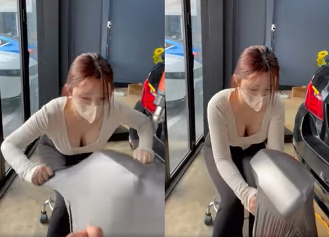 女包膜师认真帮汽车配件包膜的样子，受到网友爱戴，大讚「认真工作的女生最美丽」。（翻摄自脸书爆废公社）