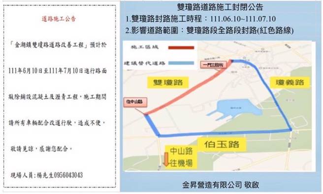 金門東半島瓊林聚落聯外幹道雙瓊路將自6／10至7／10進行道路改善工程。圖為車輛行駛替代路線。（金湖鎮公所提供）