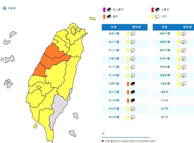 氣象局發布16縣市豪、大雨特報，苗中彰升級豪雨。(氣象局提供)