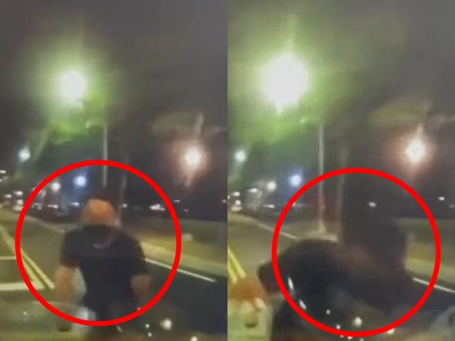 1名驾驶开车左转时未注意前方有名男子在斑马线上行走，直接朝男子迎面撞上，男子遭撞后全身趴在挡风玻璃被拖行一小段距离，最后喷飞出去。（翻摄自脸书「八卦村 - 行车纪录器影片上传中心」）