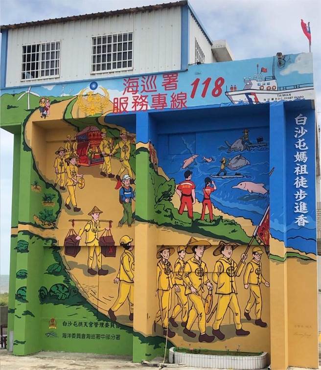 白沙屯安檢所牆面，結合海巡勤務、白沙屯媽祖進香進行彩繪。（白沙屯安檢所提供／李京昇苗栗傳真）