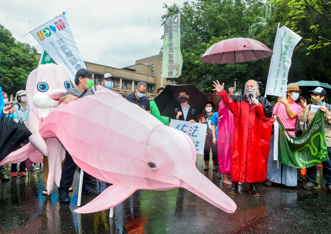 9组公民团体8日上午，大雨中在行政院前举行「海洋日联合记者会」，要求即刻提出《海洋保育法》、《海域管理法》及《海洋产业发展条例》送交立法程序进行讨论，团体们还准备了海豚造型公仔，呼吁政府重视迫在眉睫的海洋危机。（粘耿豪摄）
