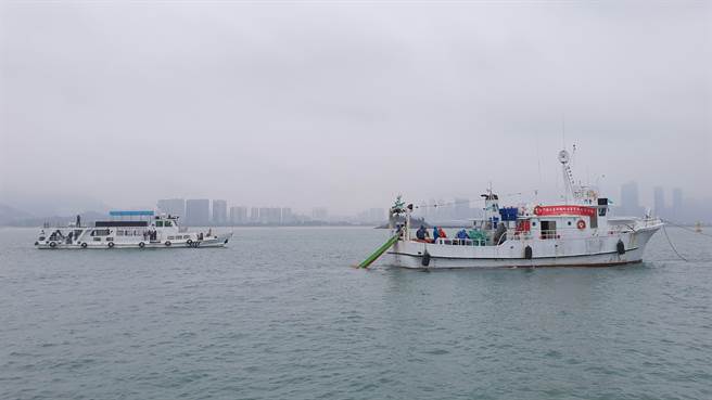 6月8日是世界海洋日，两岸以船只「不碰面」的方式，在金厦海域中线两侧各自放流鱼苗之三。（金门县水试所提供）
