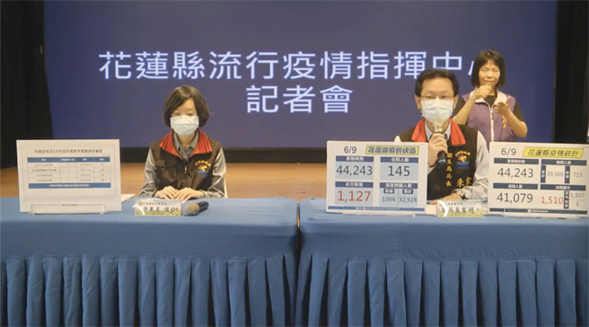 花莲县卫生局长朱家祥（右）说明今天县内疫情状况。（花莲县政府提供／罗亦晽花莲传真）