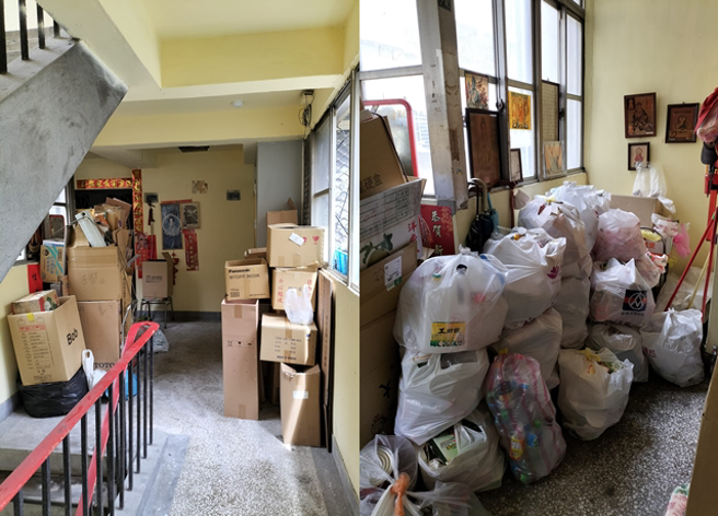 女子拍下隔壁邻居将回收物堆满楼梯间，大酸「最佳邻居代表」。（翻摄自脸书爆料公社二社）