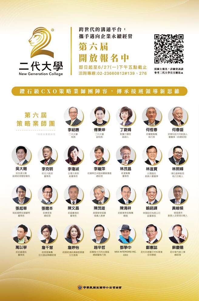 第六届二代大学师资阵容。图╱全国中小企业总会提供