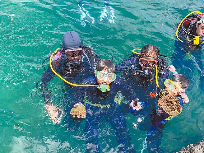 野柳国小将50株珊瑚幼苗种植于海王星码头的浅水之中，为海洋环境復育投下希望之苗。（新北市教育局提供／陈慰慈新北传真）