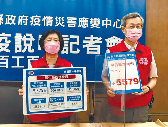 彰化县长王惠美（左）和彰化县卫生局长叶彦伯说明疫情。（吴敏菁摄）