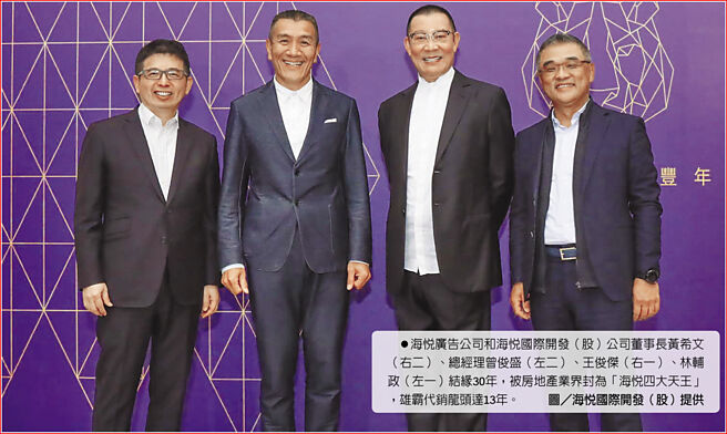 海悦广告公司和海悦国际开发（股）公司董事长黄希文（右二）、总经理曾俊盛（左二）、王俊杰（右一）、林辅政（左一）结缘30年，被房地产业界封为「海悦四大天王」，雄霸代销龙头达13年。图／海悦国际开发（股）提供