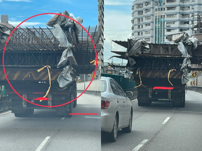 1辆货车日前被目击车上载着大型钢材，钢材不但超出车身，甚至没有用绳索固定，货车还行驶在高架道路上，车身整整占据2车道，导致后方车流塞爆。（翻摄自狄志为脸书）