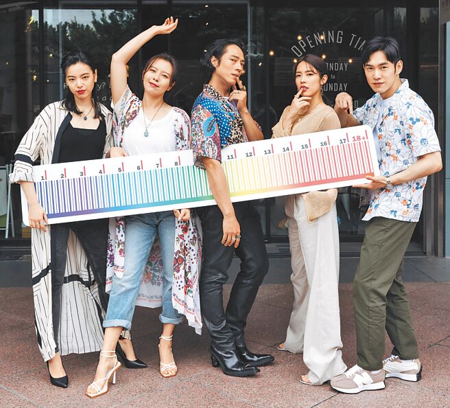 陆夏（左起）、刘品言、庄凯勛、林思宇、张书豪手拿巨型彩虹尺参与开镜仪式。（红杉娱乐提供）