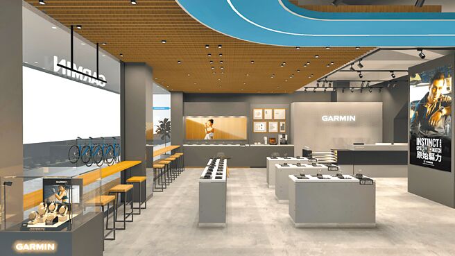 GARMIN彰新店一楼为产品展示空间，提供免费茶水与咖啡，细节融入单车运动元素。（GARMIN提供）