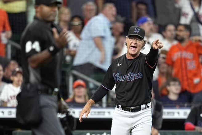 马林鱼总教练麦汀利(右)向主审抗议。（美联社）