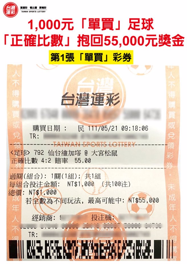 买足球「正确比数」第一张彩券。（台湾运彩提供）