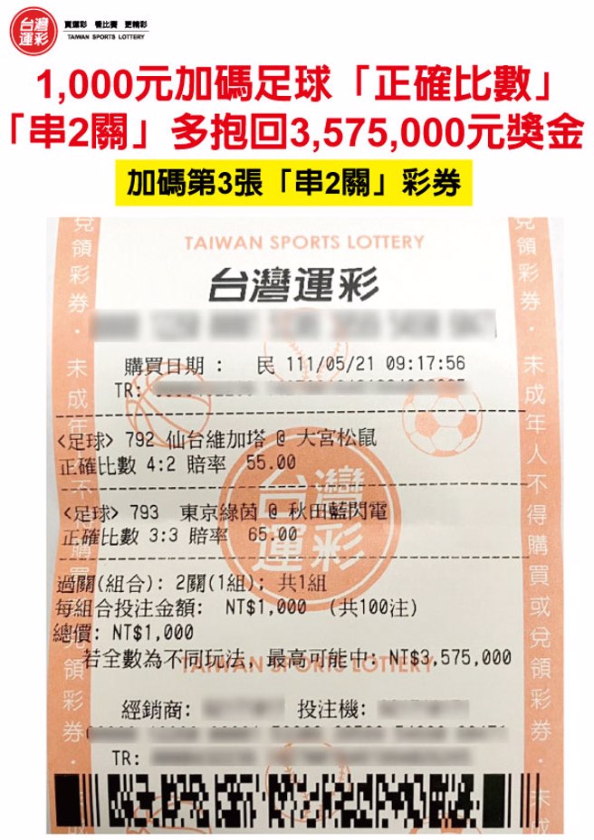 买足球「正确比数」第三张彩券。（台湾运彩提供）