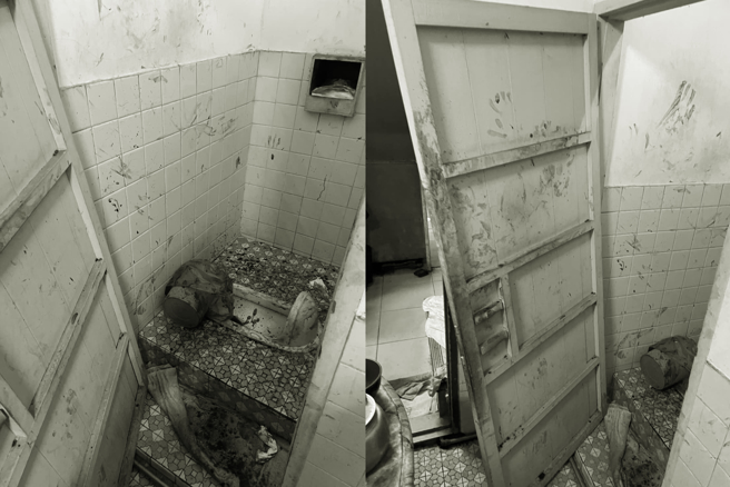 新竹縣竹東鎮12日有一名竊賊闖入民宅，痛毆8旬屋主，血濺牆面。圖片經變色處理。（翻攝自臉書社團《新竹爆料公社》）