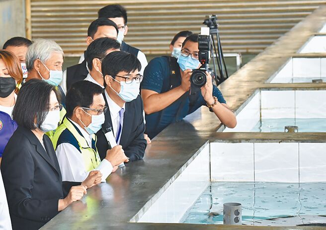 大陆全面暂停进口台湾石斑鱼，蔡英文总统（左）指破坏两岸关系。图为蔡英文总统去年12月参观高雄市永安区养殖渔业。（本报资料照片）