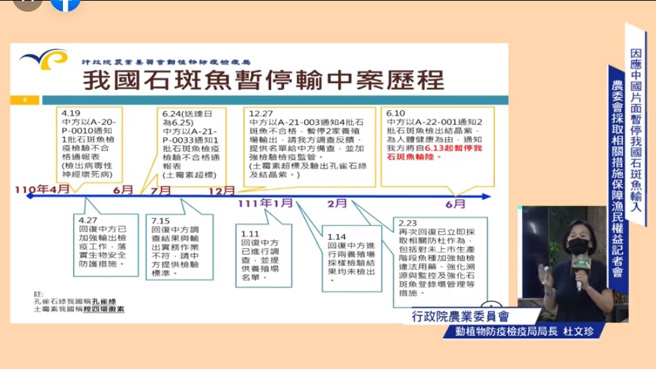 行政院農委會動植物防檢局日前製作「我國石斑魚暫停輸中案歷程」進行說明。（圖／翻攝自行政院農委會直播）