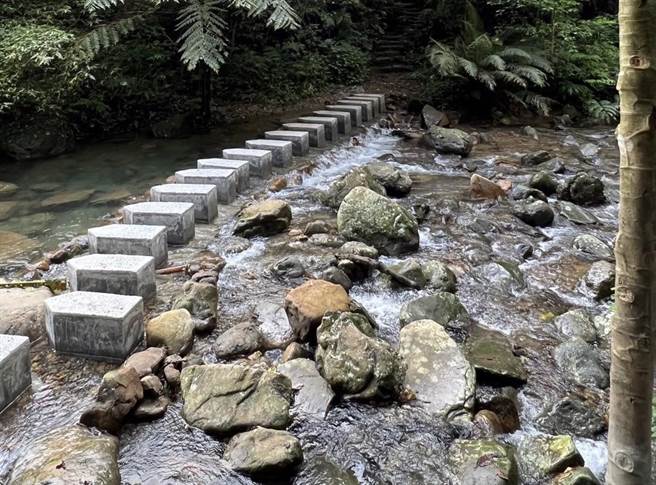 基隆東勢坑溪上游新增踏石步道，如同「梳子壩」，提供遊客跨溪，批方批破壞生態。（議員王醒之辦公室提供／陳彩玲基隆傳真）