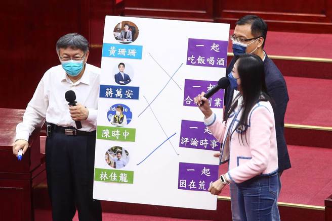 台北市长柯文哲（左）13日赴台北市议会总质询，被议员要求对台北市长4位热门人选打分数，包括台北市副市长黄珊珊、国民党立委蒋万安、卫福部长陈时中、无任所大使林佳龙，他还现场玩起连连看，大讚黄珊珊优点是「我有的优点她都有」，陈时中则是EQ超高，并酸蒋万安长得帅而已，「在立法院都躲在后面」，他更爆料「民进党不会让林佳龙选」。（邓博仁摄）
