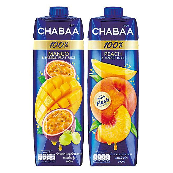 city’super泰国CHABAA啜吧100%芒果佐百香果汁、蜜桃佐芒果汁，特价各105元。（city’super提供）