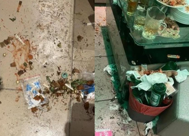 KTV员工看到被「轰炸过」的包厢，抱怨客人「怎么喝了酒就变畜牲了呢？」。（翻摄自脸书爆怨2公社）★中时新闻网关心您：喝酒过量，有碍健康！
★中时新闻网提醒您：酒后不开车，安全有保障！