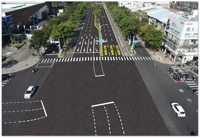 台湾大道烫平计画，去年第一阶段完成建国路至中华路快车道，及五权路至黎明路机慢车道改善，今年继续进行第二阶段「文心路至朝富路快车道」烫平工程，预计7月底前完工。（建设局提供／谢琼云台中传真）