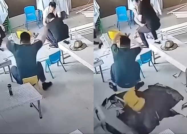 男子椅子下地板突然塌陷，他一个跨步闪过，差点摔入「巨坑」。（翻摄自脸书爆废公社）