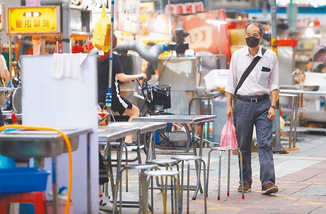 疫情重挫餐饮内需，经济部的「餐饮业者行销补助」，则延长申请期限至6月底。图为昨日寧夏夜市入夜后，民眾走过空荡荡的内用餐桌前。（陈怡诚摄）