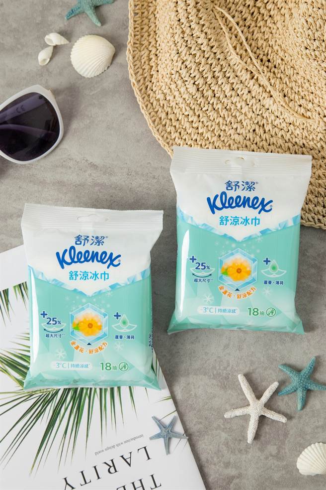 「舒洁舒凉冰巾」舒缓肌肤闷热，清新淡雅花香设计更增添清爽宜人感受。（舒洁提供）