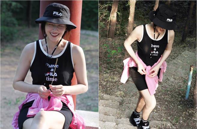 高圆圆埋头爬山，前凸后翘的S曲线全线形。（图／取材自高圆圆工作室微博）