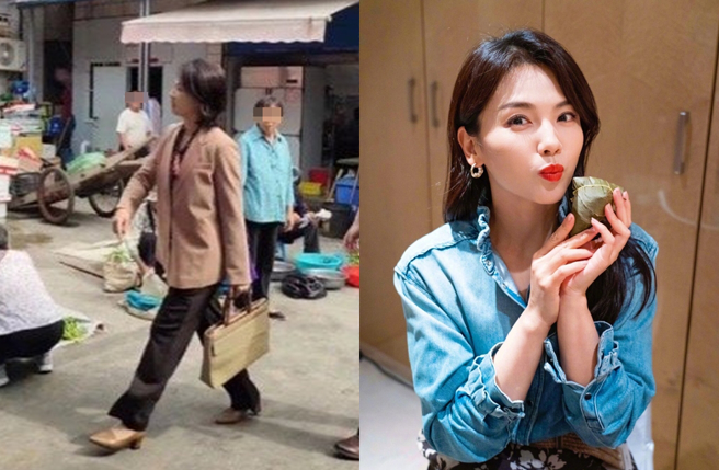 刘涛一身咖啡色套装现身市场。（图／翻摄自新浪娱乐；摄自刘涛tamia微博）