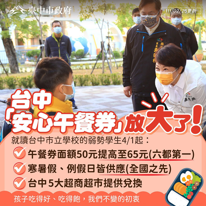 臺中安心午餐券提高至65元，照顾臺中学子。(图/臺中市政府提供)