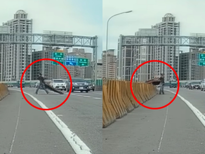 新男子在快速道路发现前方有大型物体倒在路中，被后方车辆辗过，不少车辆赶紧闪开，男子最后在路肩停车，徒步下车到路中捡起物体拖到一旁丢弃。（翻摄自YouTube频道「WoWtchout-地图型行车影像分享平台」）