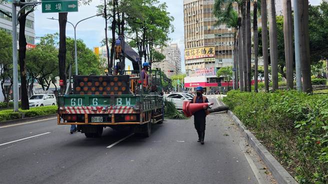 警方獲報後也立即到達現場指揮交通，並通知工務局養工處前往移置倒塌路樹，順利恢復交通。（翻攝照片／崔正綱高雄傳真）