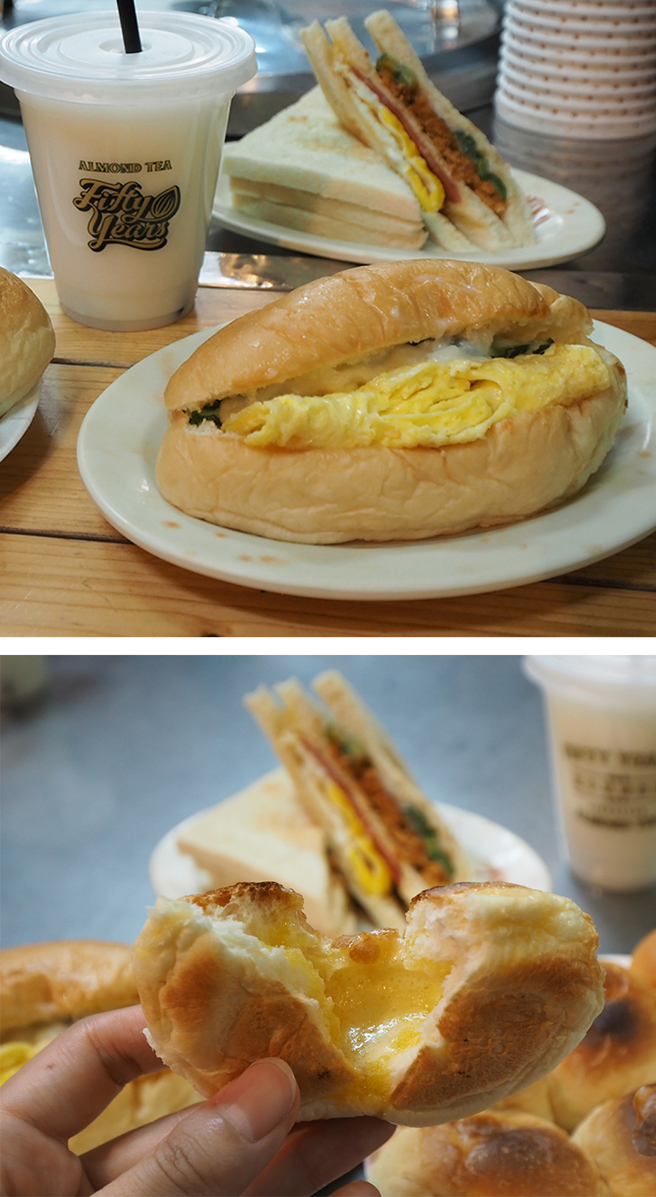 从1950年代传承下来的煎蛋堡(上图)、沙拉堡与火腿蛋吐司是招牌，爆浆奶油餐包(下图)则是现在的人气商品。(摄影/王亭云)