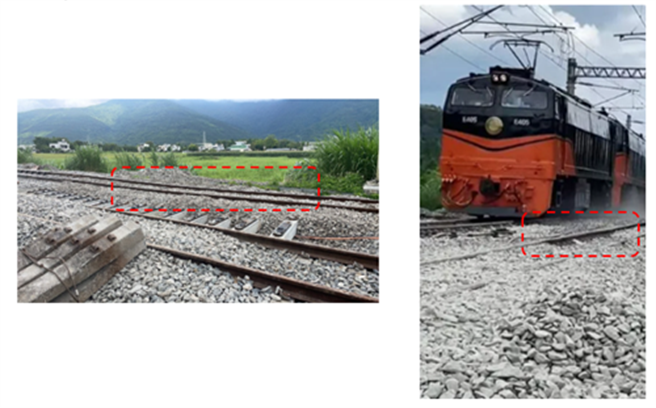 台铁鸣日号在万荣-南平之间上下跳动，红圈处底下可看到路基不平整。(运安会提供)