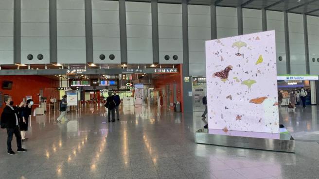 高铁云林站化身当代美术馆，透过艺术家及生态踏查团队跨界创作，採集云林龙过脉森林步道的自然光影与原始声音，打造大型展演光体装置「森态光景」，带旅客们享受在地自然的无限风光。（图/ 中央社）
