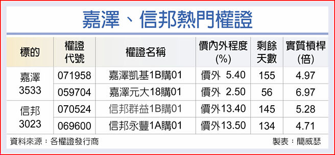 嘉澤、信邦熱門權證