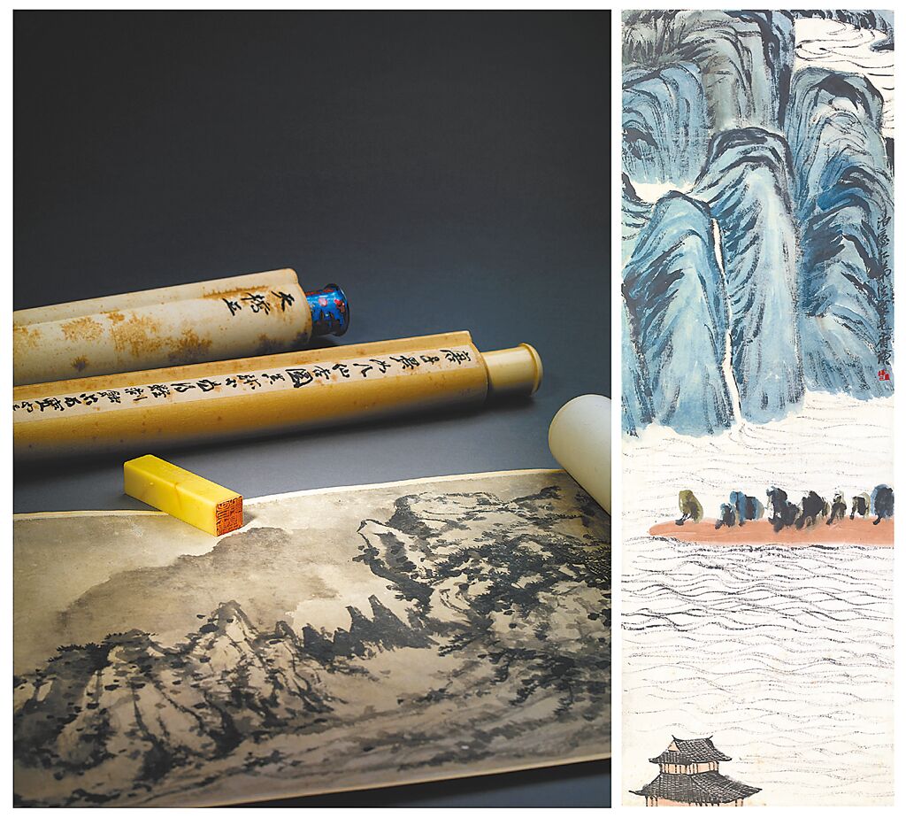 石濤、張大千（題跋）《黃山圖》卷（左）與齊白石《滕王閣寫景圖》（右）。圖／帝圖藝術拍賣提供