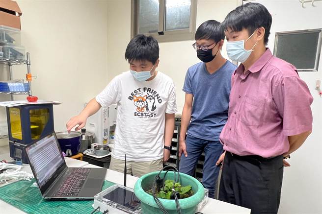 弘光科大資工系助理教授陳富國(右)，指導學生傅智城(中)、校友張承鈞(左)設計研發植物成長環境監測系統。(弘光科大提供）