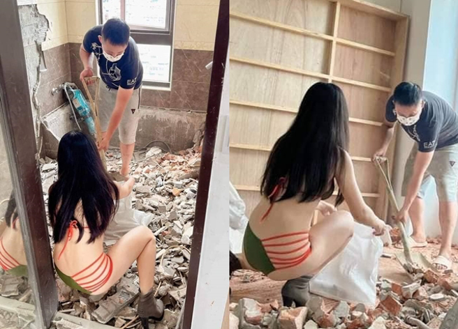 装修工地惊见比基尼辣妹帮忙清理碎砖块，网友投羡慕眼光「缺师傅吗」。（翻摄自脸书装潢/木工/修缮/联谊会「启大大分享园地」）